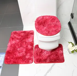 सबसे अच्छा गुणवत्ता ठोस रंग पॉलिएस्टर झबरा रबर समर्थन शौचालय चटाई 3 टुकड़ा सेट स्नान कालीन और आसनों नरम फर्श चटाई