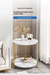 <span class=keywords><strong>Tavolino</strong></span> Laterale Rotondo di Lusso a Doppio Strato, <span class=keywords><strong>Tavolino</strong></span> da Caffè con Vano Portaoggetti per <span class=keywords><strong>Divano</strong></span> in Soggiorno, Struttura in Metallo Dorato con Finto Marmo - Product Image 2