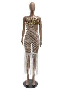 ZHEZHE Nuovo Abito Lungo Estivo Europeo Americano in Maglia Trasparente con Paillettes e Frange Asimmetriche, Sexy, da Club e da Spiaggia, Irregolare - Product Image 4
