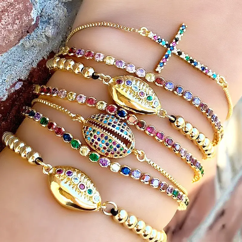 Pulseira feminina banhada a ouro, joias para mulheres, bracelete concha de cristal de zircônio