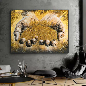 Decorazione per la casa moderna effetto 3D mani operose pittura a olio su tela su misura con pietra epossidica oro cristallo porcellana - Product Image 5