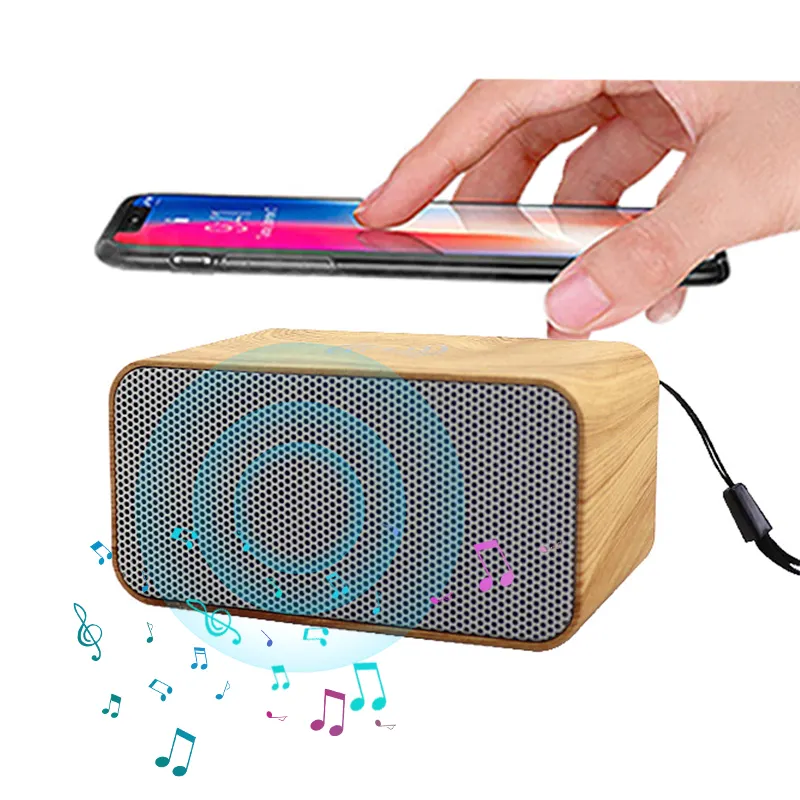 Mini caja de música portátil multifunción todo en uno, con elegante textura de madera, 3W, Altavoz Bluetooth, cargador de teléfono inalámbrico