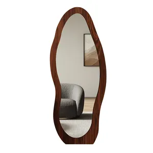 Espelho de madeira maciça para parede, piso em forma de arco grande, decorativo irregular, espelho ondulado