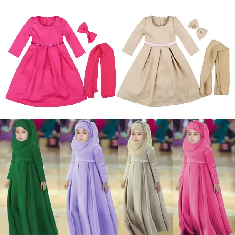 Arap Dubai kızlar 3 parça uzun kollu yuvarlak boyun elbise yay başörtüsü seti Eid müslüman islam giysi Abaya çocuklar için