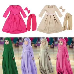 Arab Dubai baju Wanita 3 potong lengan panjang leher bulat Set Hijab pita pakaian Muslim Abaya untuk anak-anak