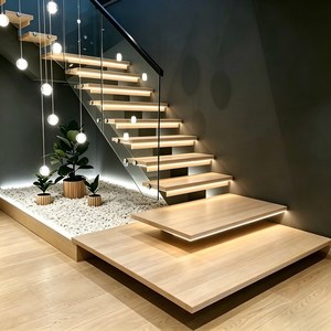 Escalera interior moderna <span class=keywords><strong>Escaleras</strong></span> <span class=keywords><strong>de</strong></span> madera <span class=keywords><strong>de</strong></span> diseño para el hogar Villa, escalera personalizada con pasamanos <span class=keywords><strong>de</strong></span> vidrio <span class=keywords><strong>de</strong></span> <span class=keywords><strong>acero</strong></span> <span class=keywords><strong>inoxidable</strong></span> - Product Image 1