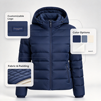 Blouson matelassé à capuche bleu pour femme, en nylon épais, imperméable, coupe-vent, avec logo, chic et élégant pour les trajets en ville