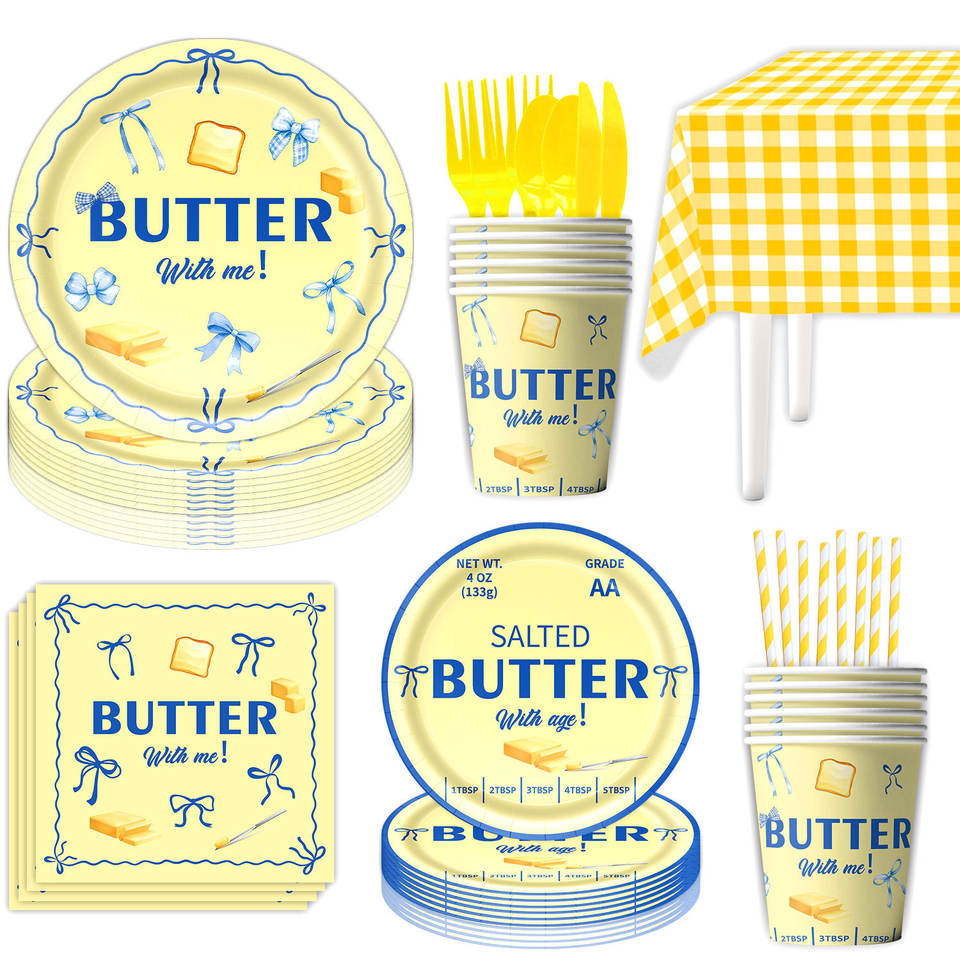 Gradution Banner Sample Butter Theme Disposable Party Tableware Set Cute Butter Print Paper ...