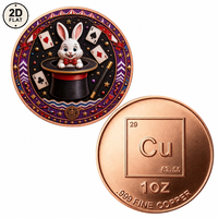 Pièce de monnaie en cuivre pur 999 de 1 oz, personnalisée en gros, motif Lapin magique au chapeau haut et cartes à jouer, pièce commémorative de collection