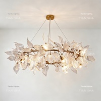 Lustre en cristal entièrement en cuivre sur mesure, style moderne et luxueux pour villas, salons/salles à manger, motif branche dorée et feuille de jade