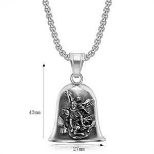 Collier pendentif cloche ange Saint-Michel en acier inoxydable, style vintage, unisexe, charme religieux, chaîne de 3 mm, 60 cm - Product Image 5