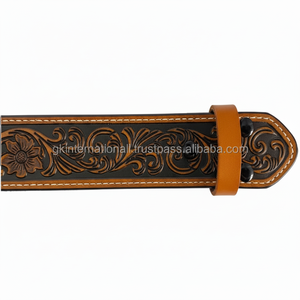 Cinturón de herramientas de cuero occidental con estilo para hombre grabado floral duradero con botón a presión para cambio de hebilla - Product Image 1