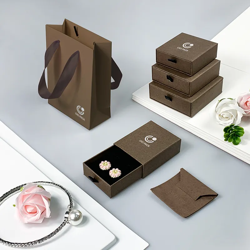 보석 포장 상자 골판지 드로우 스트링 가방 보석 파우치 상자 로고 종이 가방 맞춤형 포장 상자 친환경