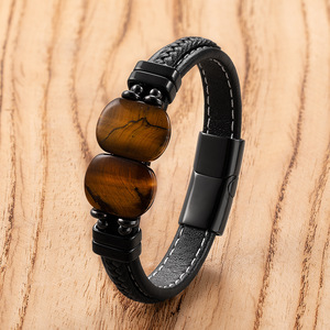Pulsera de Cuero con Piedras Naturales <span class=keywords><strong>para</strong></span> <span class=keywords><strong>Hombre</strong></span>, Hecha a Mano, con Cordón Trenzado y Cierre de Acero Inoxidable, Brazalete Clásico - Product Image 3