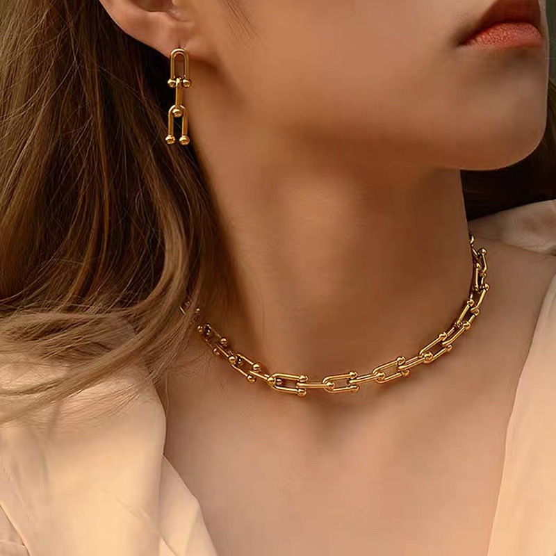 Punk Collane Set 2 Pezzi - Collana E Bracciale Cubano Link Catena Oro, Gioielli Chunky Per Donna, Regalo Compleanno, Festa - 2