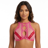 Vente en gros Bralette rose vif en dentelle fine triangulaire, col halter, maille transparente, sexy, sans armatures, respirante, séchage rapide, bretelles réglables, ODM