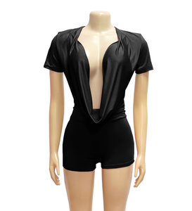 PEEQI TW829 Nuova Collezione Primavera, <span class=keywords><strong>Tuta</strong></span> Intera Aderente con Scollo Profondo a V e Arricciature, Maniche Corte, Sexy <span class=keywords><strong>Tuta</strong></span> Intera Monocolore - Product Image 4