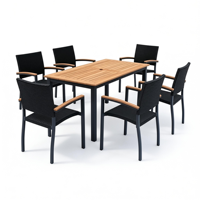 Ensemble de jardin moderne 7 pièces en aluminium avec table rectangulaire et trou pour parasol, chaises empilables – Vente chaude