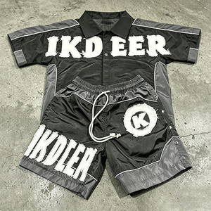Custom Logo Men's Nylon Tracksuit 2 Piece Short Sleeve Button up Shirt Shorts <strong>Set</strong> Streetwear <strong>Embroidery</strong> Patchwork 2 Piece <strong>Set</strong> - Product Image 1