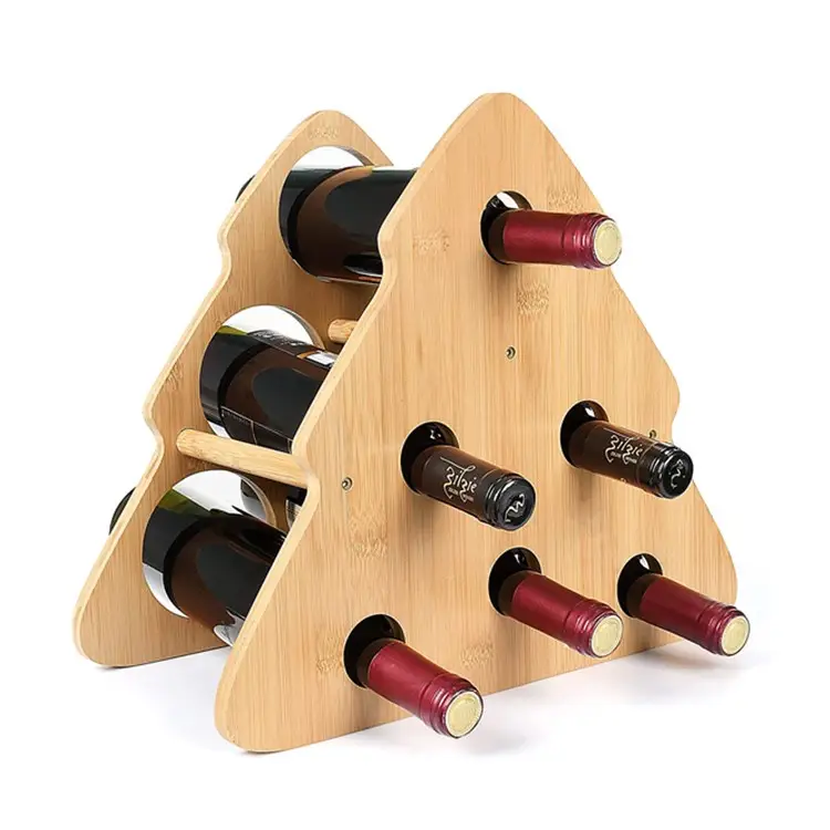 Organizador de madera con forma de árbol de Navidad para decoración del hogar, 6 botellas, exhibición de mesa de cocina, soporte de bambú para vino, armario de almacenamiento, estantes para vino