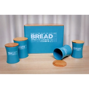 Farmhouse Vintage Bread Storage Box Canister Set With Bamboo Cutting Board Kitchen Bread Bin Metal