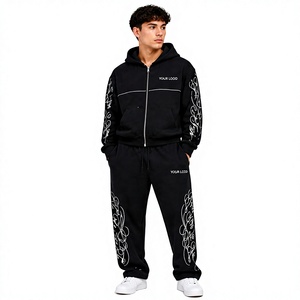 Custom Print Zip Up Hoodie Tracksuit <b>Set</b> Men Streetwear Sweatpants Zip Hoodie + Graphic Embroidered Sweatpants 2-Piece <b>Set</b> - Product Image 1