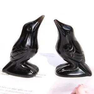 Hand Carved 5cm Tall Natural Black Obsidian Crystal Magic Halloween Small Animal Crystal Crow Carving For Home Decor