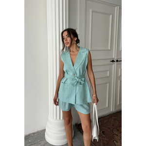 Conjunto de chaleco y pantalones cortos de lino color menta, conjunto informal sin mangas para mujer, talla S - Product Image 5