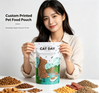 Sachet refermable brillant personnalisé OEM, imprimé, résistant à l'humidité, avec fermeture éclair, pour aliments pour chiens, aliments pour chats, friandises pour animaux, litière pour chats
