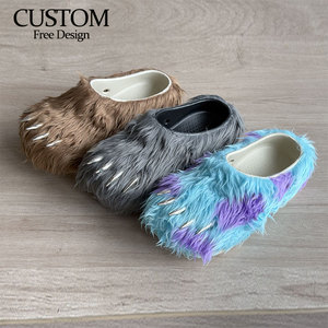 Mules et claquettes de créateur personnalisées en peluche, avec logo, en fausse fourrure, à bout griffe métallique motif patte d'ours, toutes saisons, semelle intermédiaire Libi EVA - Product Image 1
