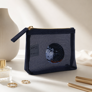 Navy See-Through Mesh <b>Mini</b> Coin Purse with Gold Zipper and Sequin Detail for Coins, Small Cosmetics and Everyday Essentials - Product Image 5