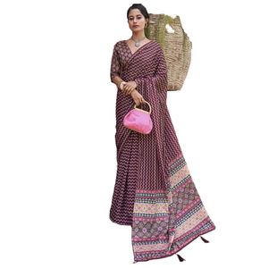 Asombroso Sari de crepé con estampado digital con blusa Ropa tradicional india y pakistaní de color vino - Product Image 1