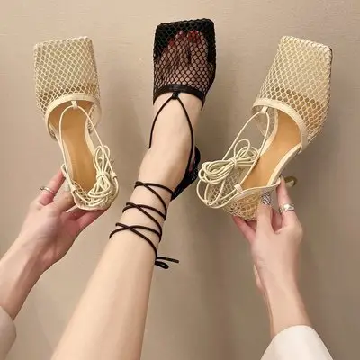 2021 summer fashion green brand womeen pumps sexy hollow mesh sandals high heel square toe ankle lace-up women party dress shoes