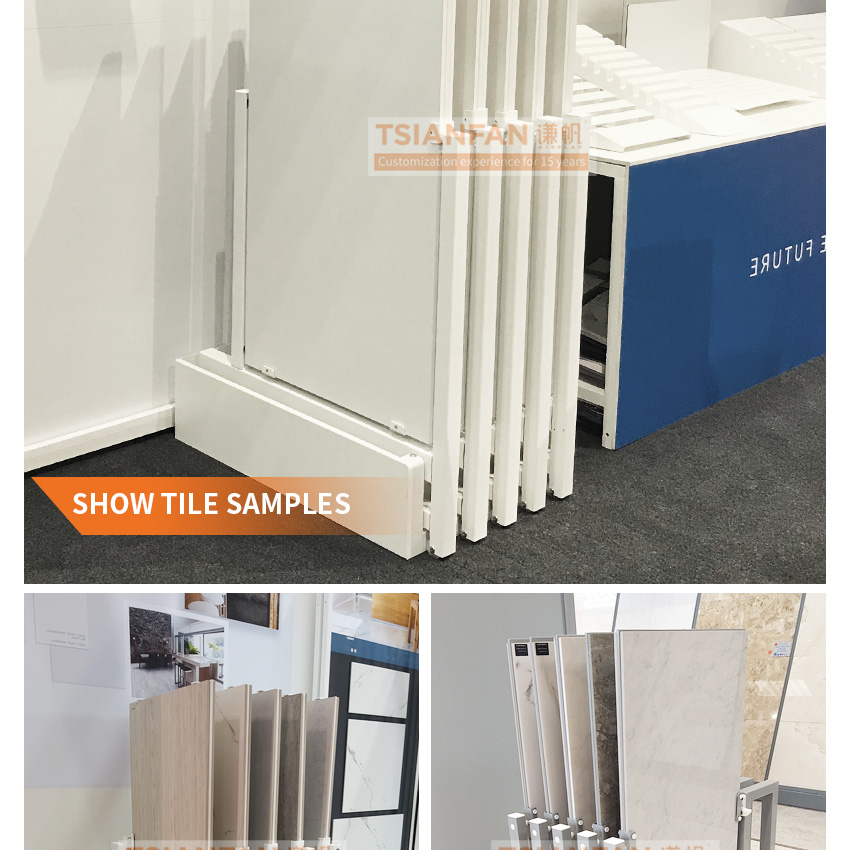 Tianfan Artificial stone showroom interiors design tiles slab racks tower porcelain quartz stone display rack