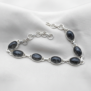 Pulsera de Plata de Ley 925 con Cuarzo Rutilado Negro, Ajustable, con Piedras Preciosas, para Mujer, Estilo Artesanal, Bohemio, Étnico, a la Moda - Product Image 1