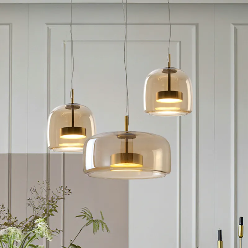 Ceiling Hanging Amber Glass Lamp Fixture Restaurant Dining Room Home Kitchen Gold Modern Pendant Lights