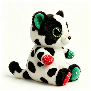 Customized Black & White Spotted <b>Cat</b> Stuffed Animal with Red/Green Mushroom Paws - Product Image 1