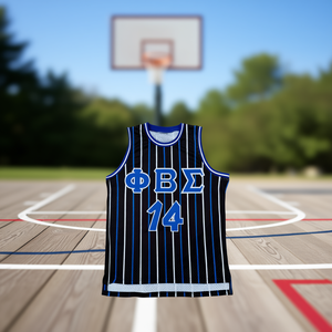 Maillot de basket personnalisé Phi Beta Sigma noir à rayures fines avec logo brodé 14, uniforme sans manches en maille pour homme, tenue de sport d'été - Product Image 2