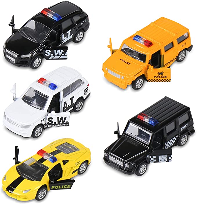 Juego de 5 coches de policía de Metal fundido a presión para niños, coche de aleación de metal extraíble, paquete de regalo, 1:64