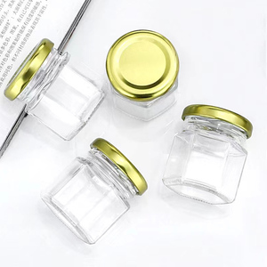 Wholesale Food Grade Hexagon Glass Honey Jar High quality 45ml hexagon glass honey jam jar with metal lid