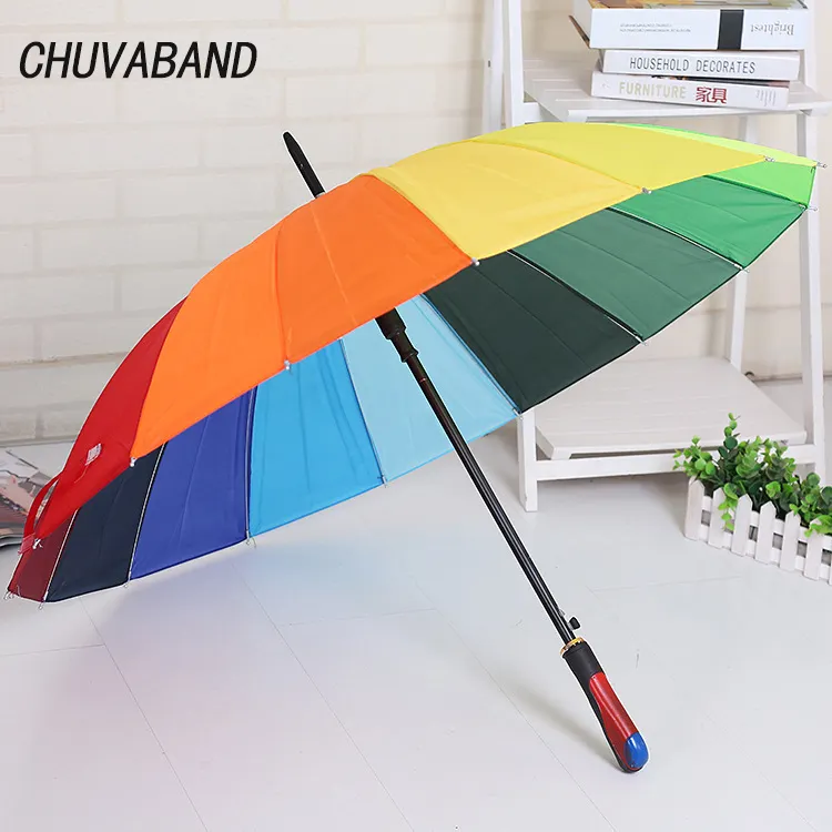 CHUVABAND Wholesale Market 16K Strong Straight Multi Colors Rain rainbow Umbrella Straight Women's Rainproof Umbrella Parasol