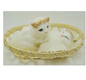 Fur Simulation Cat Plush Toy Handicraft Ornaments Matching Hand-Woven Basket