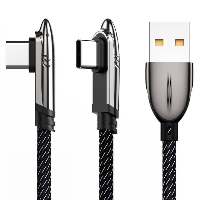 1.2m USB a to USB C Elbow Cable 6A 66W Fast Charging Nylon Braid 90 Degree Angle for Mobile Phones Computers Barcode Scanners