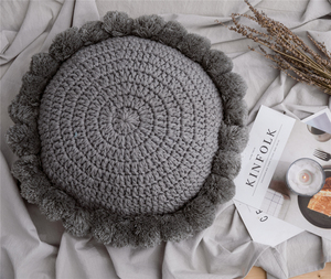 Cojín Redondo de Ganchillo Suave Tejido a Mano con Flores Beige, Pompones de Acrílico, para Decoración del Hogar, Regalo - Product Image 2