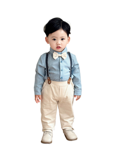 Ensemble deux pièces printemps-automne pour bébé : chemise à carreaux et pantalon avec nœud papillon, style européen et américain, collection 2026 transfrontalière - Product Image 1