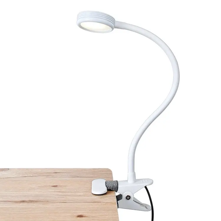 Zhongshan מפעל יצרן המיטה שולחן העבודה קלאמפ קריאת מנורת לבן ABS מהדק אור מתכוונן Gooseneck קליפ מנורת שולחן