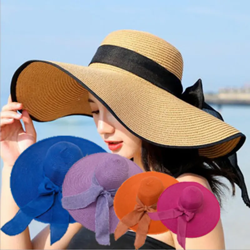 2023 Summer Beach Chapeau Femme Visor Sun Hat Wide Brim Bowknot Floppy Colorful Straw Hats Sombreros Women