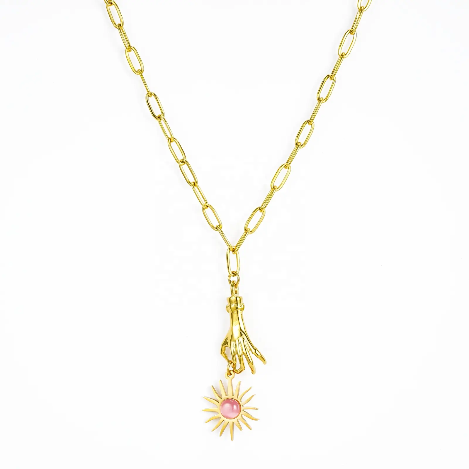 Wholesale Fashion Jewelry 18K Gold Plated Stainless Steel PaperClip Chain Hand Holding Sun Flower Opal Pendant Necklace Women