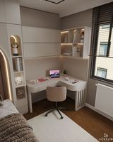 Bureau et armoire intégrés sur mesure pour le télétravail, poste de travail moderne et minimaliste avec étagère, service OEM ODM disponible