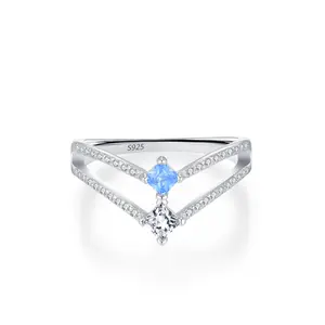 Moda estilo frío mar azul glaciar gota de agua anillos de doble capa 925 plata esterlina anillo de corona en forma de V